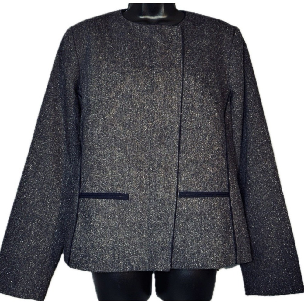 Pendleton Women Wool Silk Gray Tweed Zip Collarless Blazer Jacket Coat 12